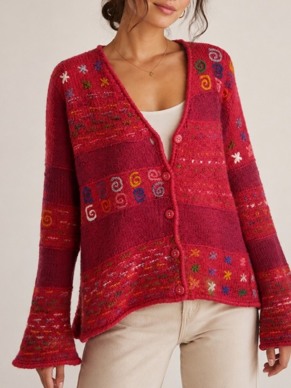 World Folk Artsy Imports Handmade Bolivia 100% Wool Embroidered Cardigan Boho